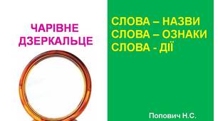Презентація "Слова-назви, ознаки, дії. Чарівне дзеркальце" з анімацією та звуковими ефектами.