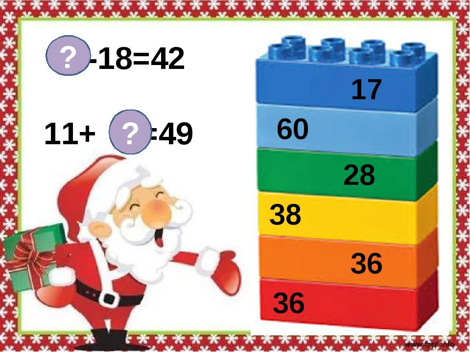 -18=42 11+ =49 ? ? 17 60 28 38 36 36