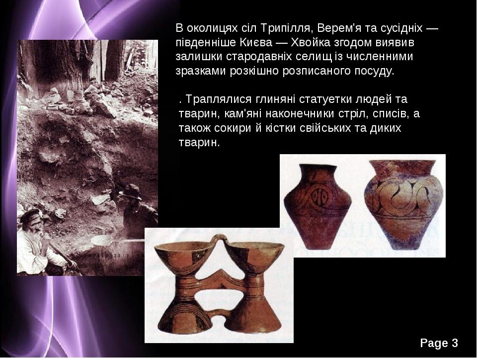 В околицях сіл Трипілля, Верем'я та сусідніх — південніше Києва — Хвойка згодом виявив залишки стародавніх селищ із численними зразками розкішно ро...