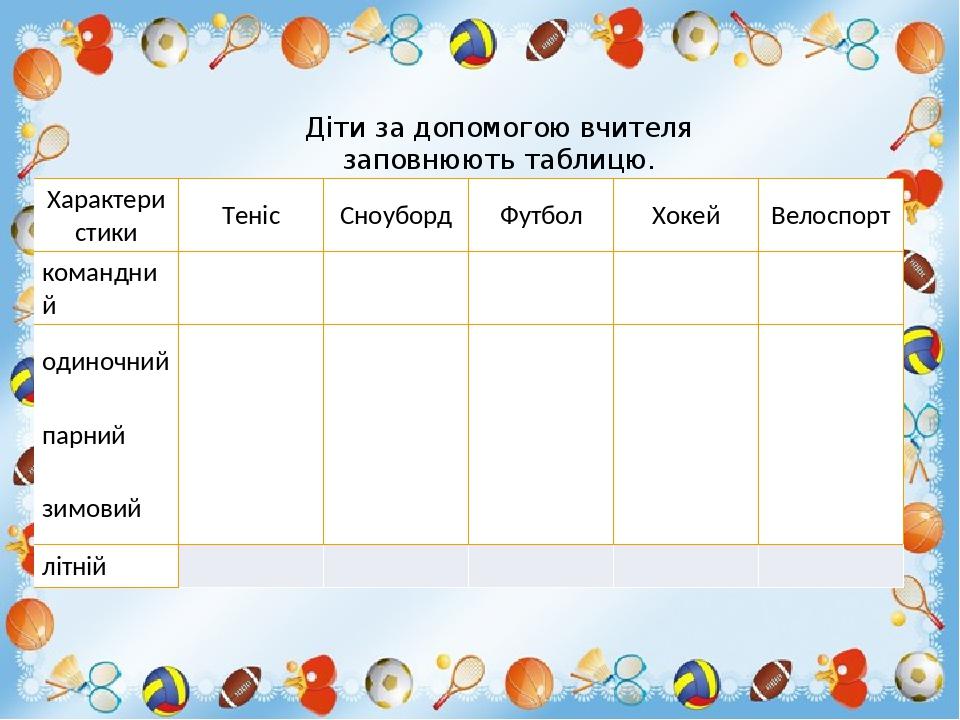 Діти за допомогою вчителя заповнюють таблицю. Характеристики Теніс Сноуборд Футбол Хокей Велоспорт командний одиночний парний зимовий літній