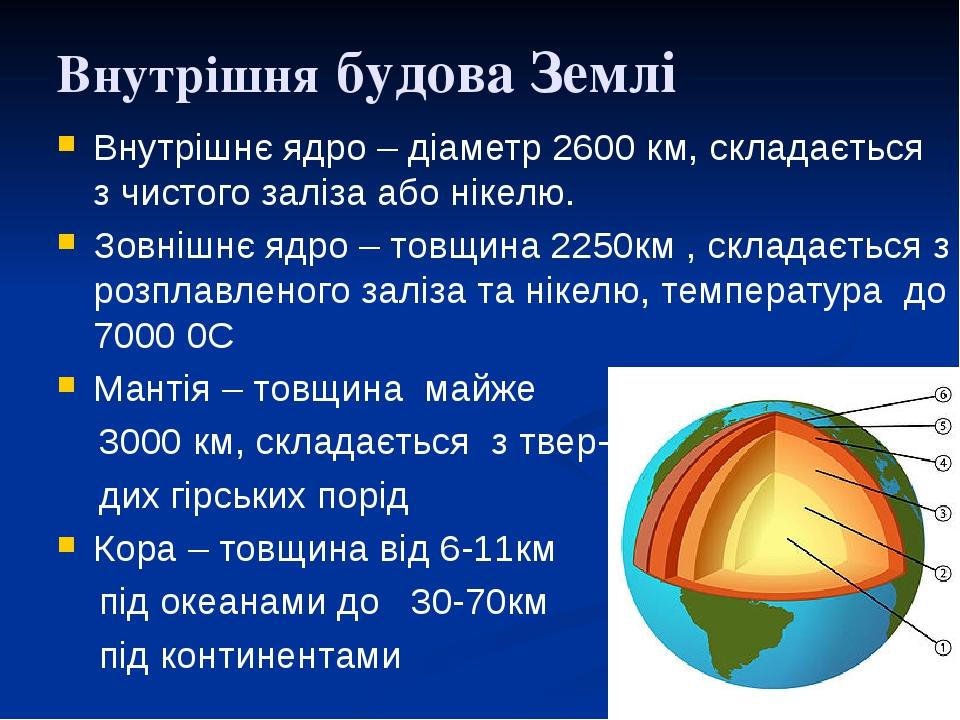 Внутрішня будова Землі Внутрішнє ядро – діаметр 2600 км, складається з чистого заліза або нікелю. Зовнішнє ядро – товщина 2250км , складається з ро...