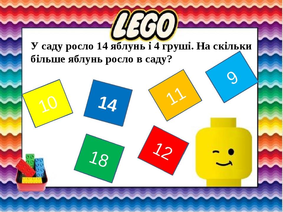 У саду росло 14 яблунь і 4 груші. На скільки більше яблунь росло в саду? 10 9 12 11 18 14
