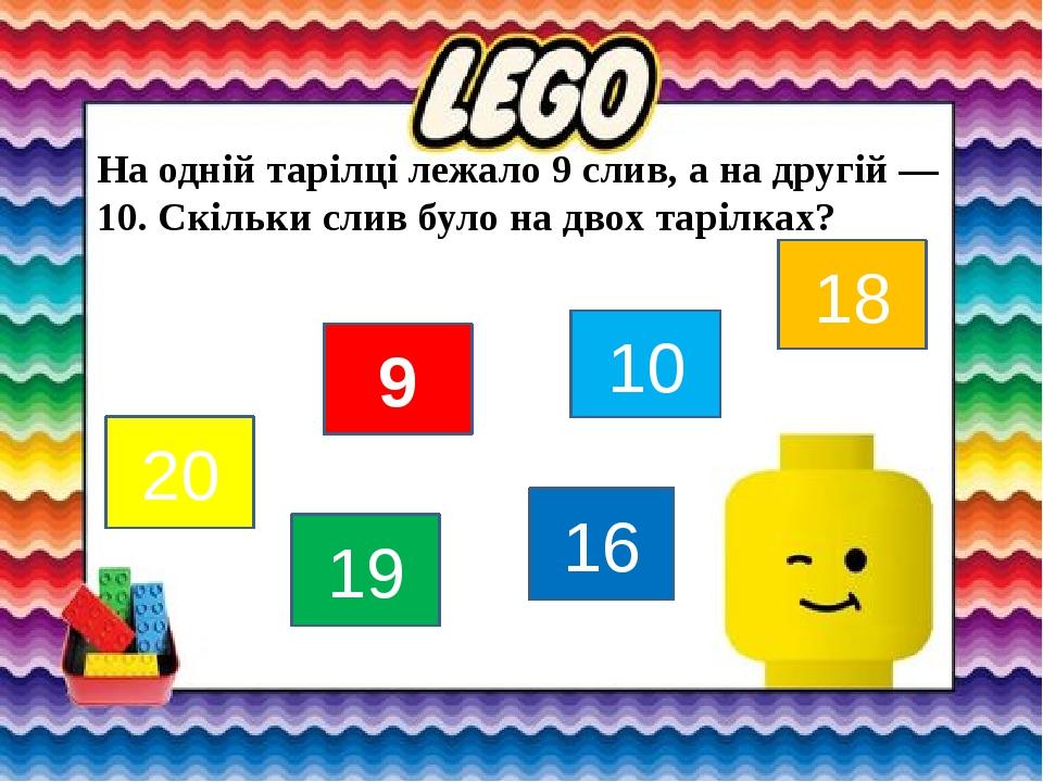На одній тарілці лежало 9 слив, а на другій — 10. Скільки слив було на двох тарілках? 20 18 16 10 19 9