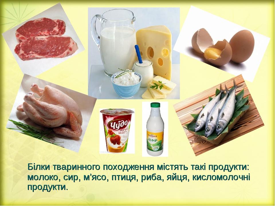 Білки тваринного походження містять такі продукти: молоко, сир, м’ясо, птиця, риба, яйця, кисломолочні продукти.