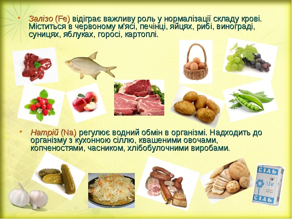 Залізо (Fe) відіграє важливу роль у нормалізації складу крові. Міститься в червоному м'ясі, печінці, яйцях, рибі, винограді, суницях, яблуках, горо...
