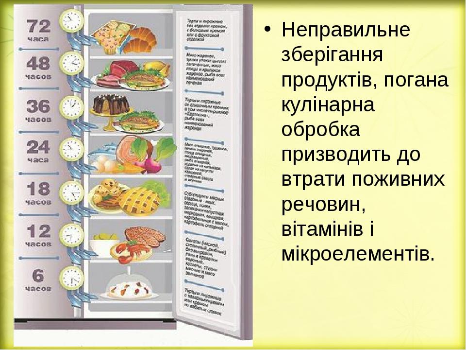 Неправильне зберігання продуктів, погана кулінарна обробка призводить до втрати поживних речовин, вітамінів і мікроелементів.
