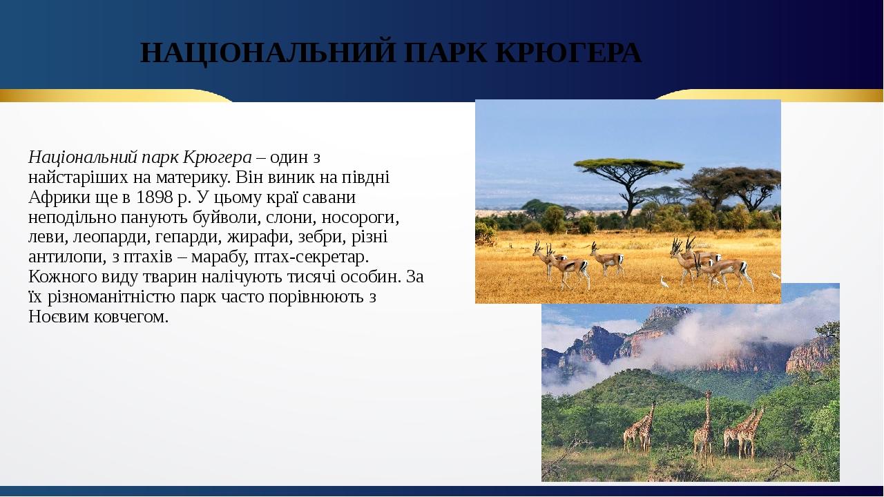 НАЦІОНАЛЬНИЙ ПАРК КРЮГЕРА  Національний парк Крюгера – один з найстаріших на материку. Він виник на півдні Африки ще в 1898 р. У цьому краї савани ...