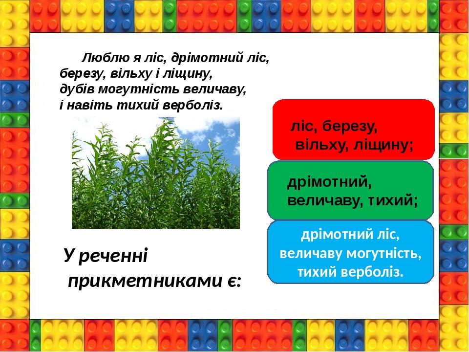 дрімотний ліс, величаву могутність, тихий верболіз. Люблю я ліс, дрімотний ліс, березу, вільху і ліщину, дубів могутність величаву, і навіть тихий ...