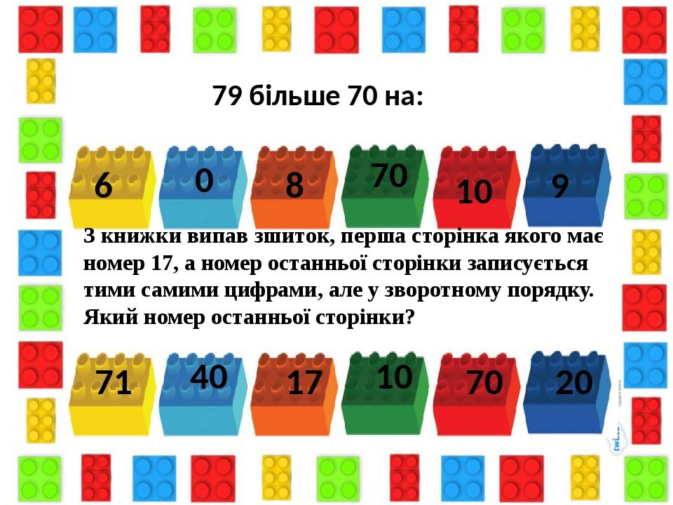 79 більше 70 на: З книжки випав зшиток, перша сторінка якого має номер 17, а номер останньої сторінки записується тими самими цифрами, але у зворот...
