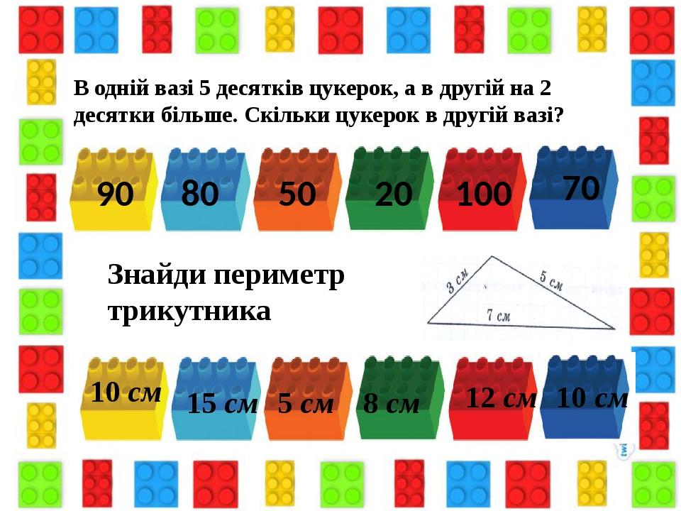 В одній вазі 5 десятків цукерок, а в другій на 2 десятки більше. Скільки цукерок в другій вазі? 90 70 80 50 20 100 Знайди периметр трикутника 15 см...