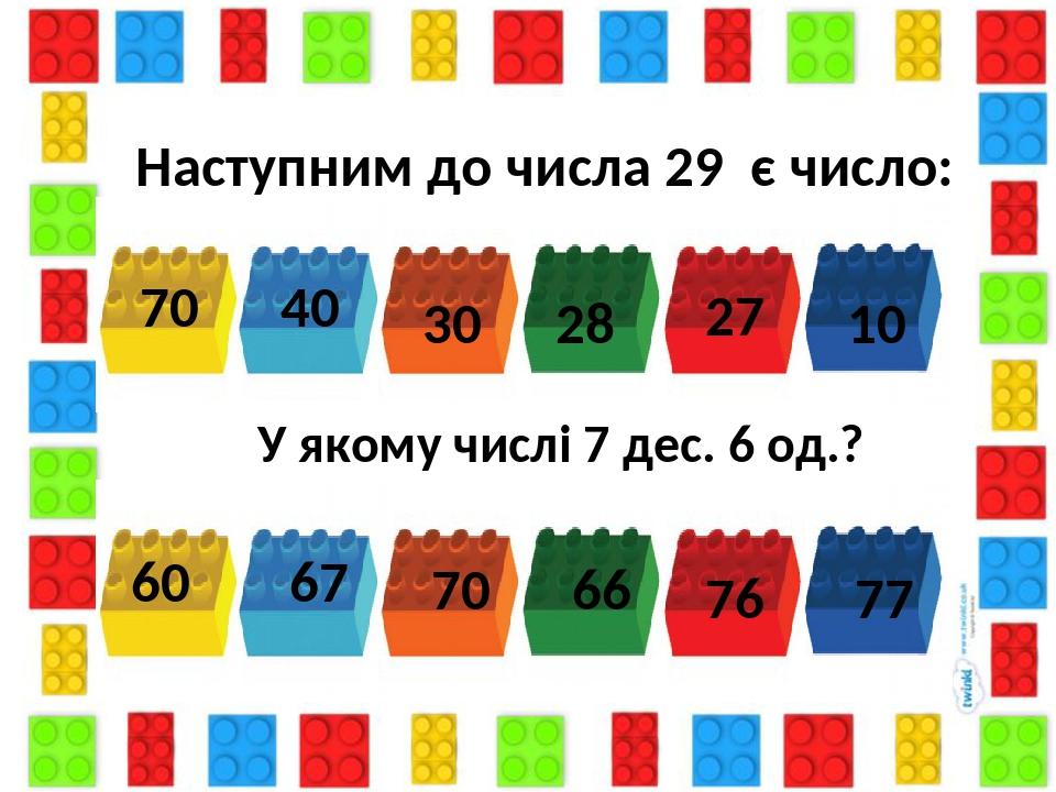 Наступним до числа 29 є число: 70 30 40 28 10 27 У якому числі 7 дес. 6 од.? 76 70 67 60 66 77
