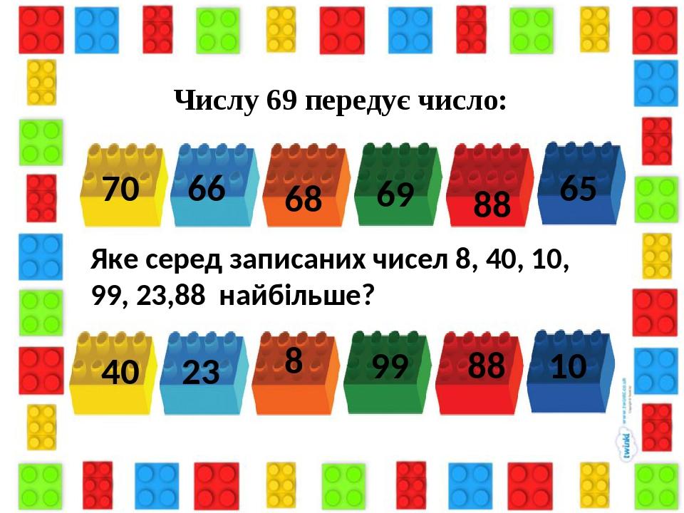 Числу 69 передує число: 68 69 70 66 88 65 Яке серед записаних чисел 8, 40, 10, 99, 23,88 найбільше? 99 10 23 40 8 88