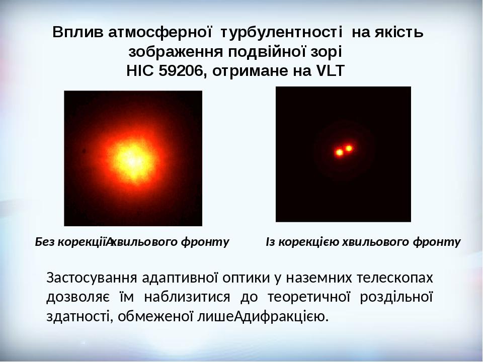 Без корекції хвильового фронту Із корекцією хвильового фронту Застосування адаптивної оптики у наземних телескопах дозволяє їм наблизитися до теоре...