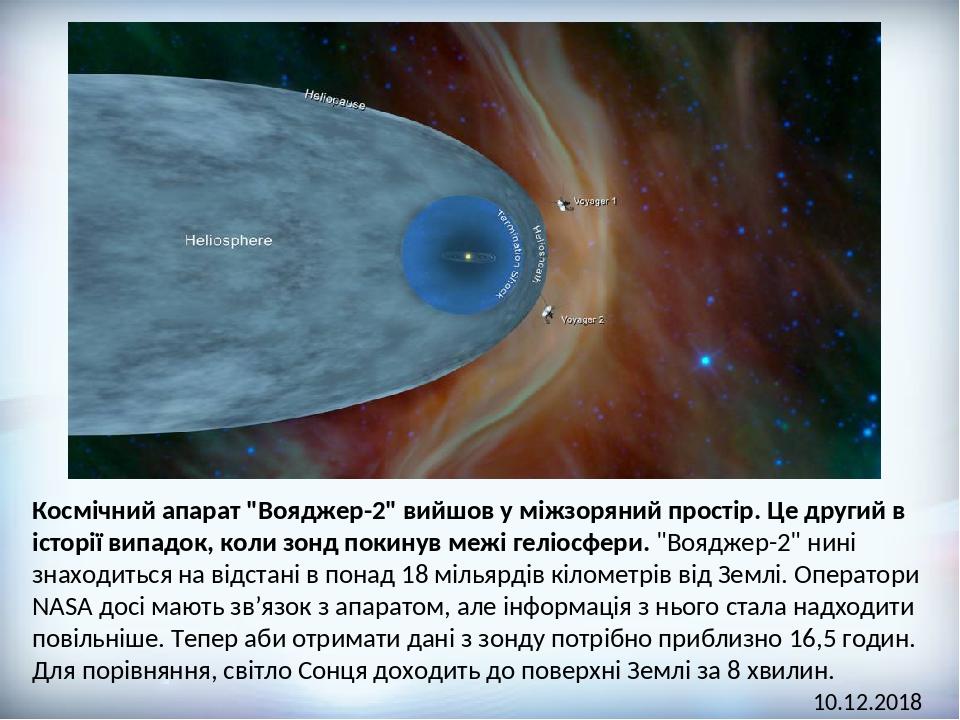 Космічний апарат "Вояджер-2" вийшов у міжзоряний простір. Це другий в історії випадок, коли зонд покинув межі геліосфери. "Вояджер-2" нині знаходит...