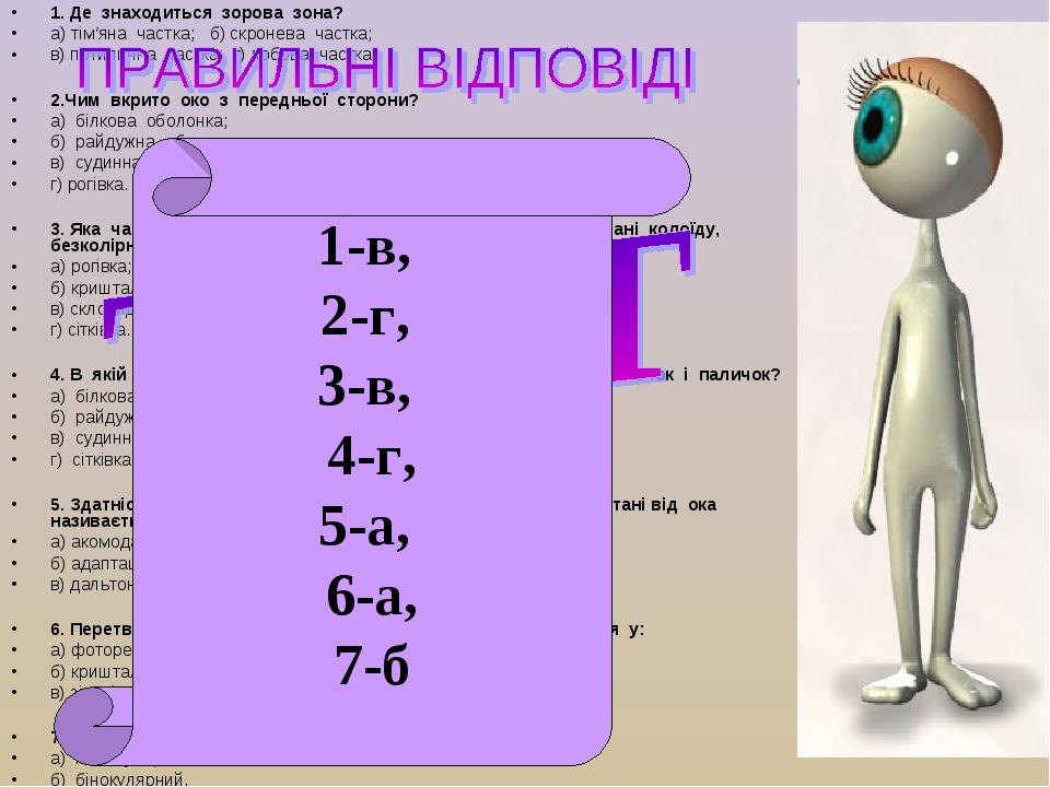 1. Де знаходиться зорова зона? а) тім′яна частка; б) скронева частка; в) потилична частка; г) лобова частка. 2.Чим вкрито око з передньої сторони? ...