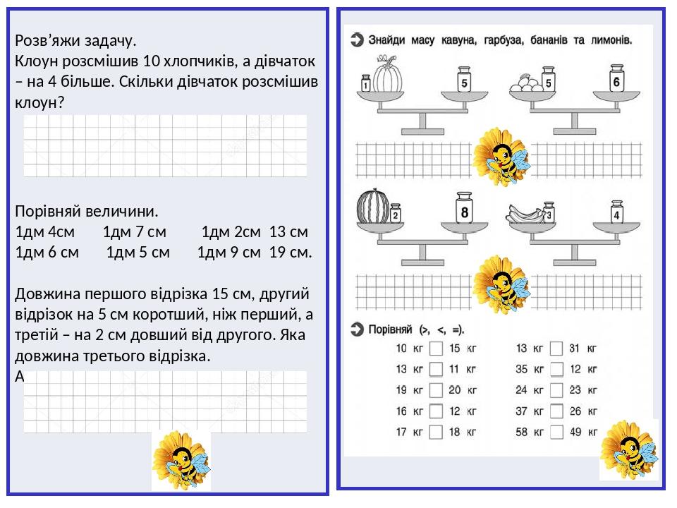 Розв’яжи задачу. Клоун розсмішив 10 хлопчиків, а дівчаток – на 4 більше. Скільки дівчаток розсмішив клоун? Порівняй величини. 1дм 4см ⁪ 1дм 7 см1дм...