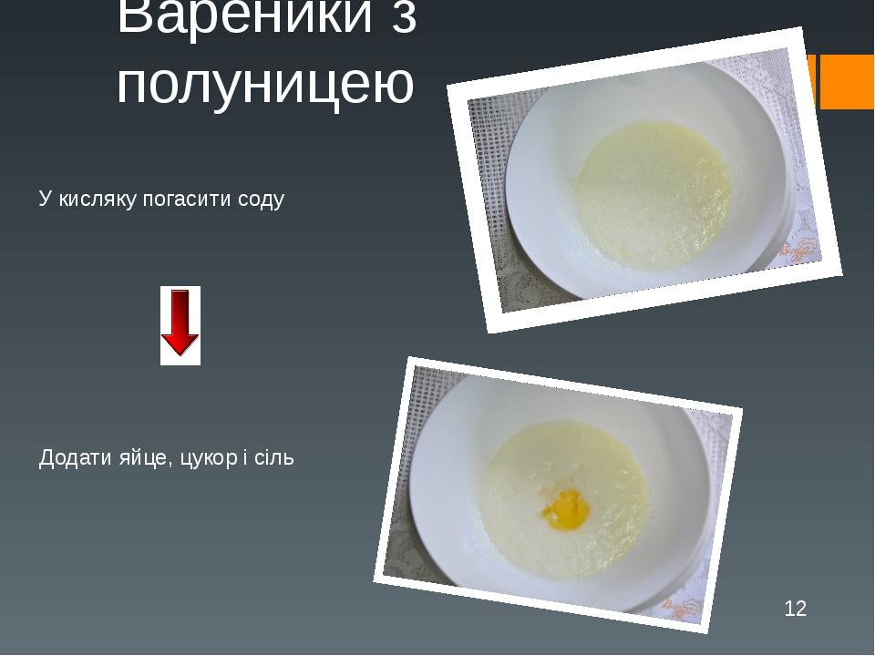 У кисляку погасити соду Додати яйце, цукор і сіль Вареники з полуницею