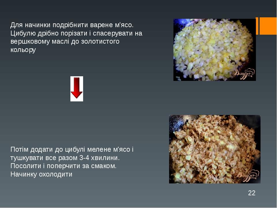 Для начинки подрібнити варене м'ясо. Цибулю дрібно порізати і спасерувати на вершковому маслі до золотистого кольору Потім додати до цибулі мелене ...