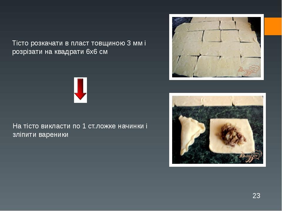 Тісто розкачати в пласт товщиною 3 мм і розрізати на квадрати 6х6 см На тісто викласти по 1 ст.ложке начинки і зліпити вареники