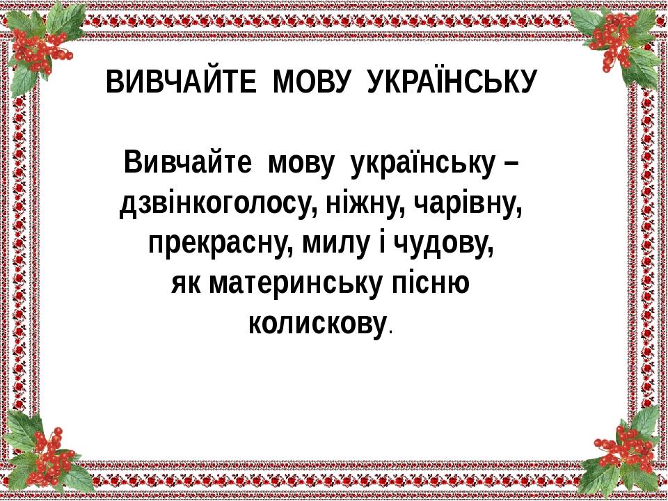 ВИВЧАЙТЕ МОВУ УКРАЇНСЬКУ Вивчайте мову українську – дзвінкоголосу, ніжну, чарівну, прекрасну, милу і чудову, як материнську пісню колискову.