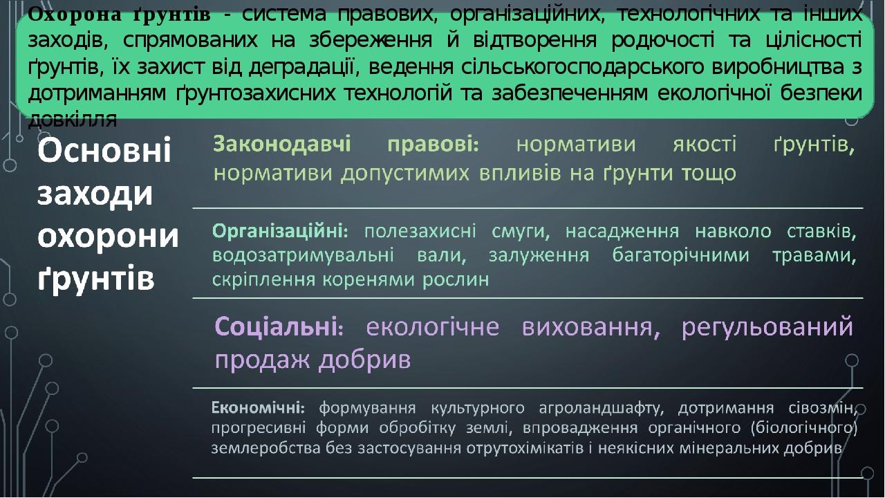 Охорона ґрунтів - система правових, організаційних, технологічних та інших заходів, спрямованих на збереження й відтворення родючості та цілісності...