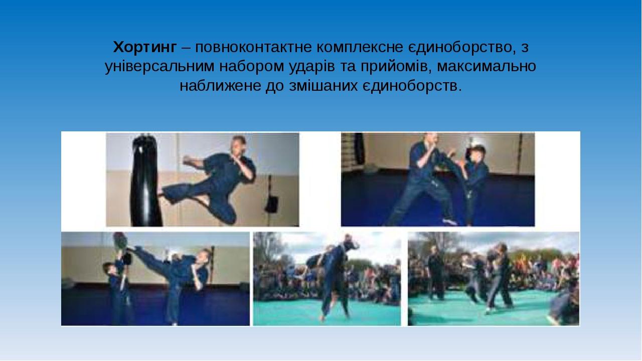 Хортинг – повноконтактне комплексне єдиноборство, з універсальним набором ударів та прийомів, максимально наближене до змішаних єдиноборств.