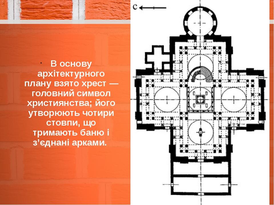 В основу архітектурного плану взято хрест — головний символ християнства; його утворюють чотири стовпи, що тримають баню і з’єднані арками.