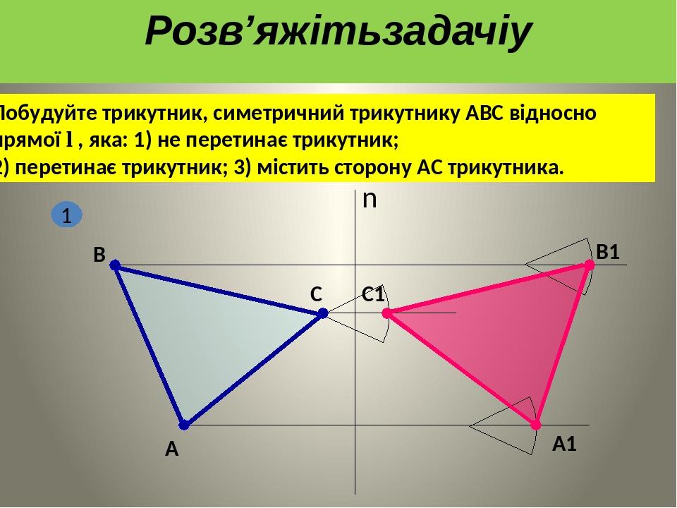 Побудуйте трикутник, симетричний трикутнику АВС відносно прямої l , яка: 1) не перетинає трикутник; 2) перетинає трикутник; 3) містить сторону АС т...