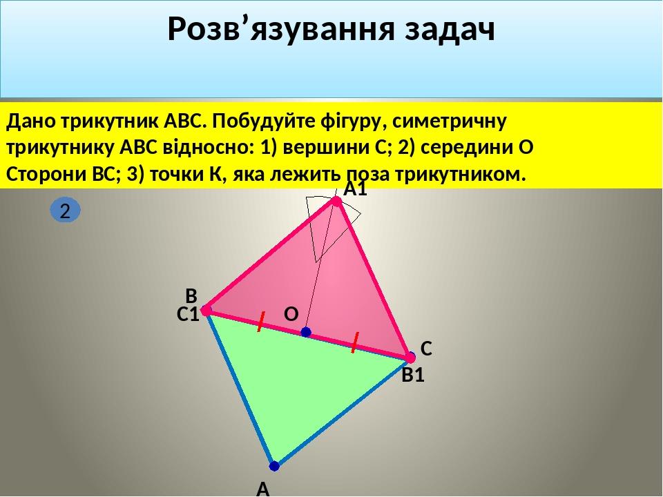 Розв’язування задач Дано трикутник АВС. Побудуйте фігуру, симетричну трикутнику АВС відносно: 1) вершини С; 2) середини О Сторони ВС; 3) точки К, я...