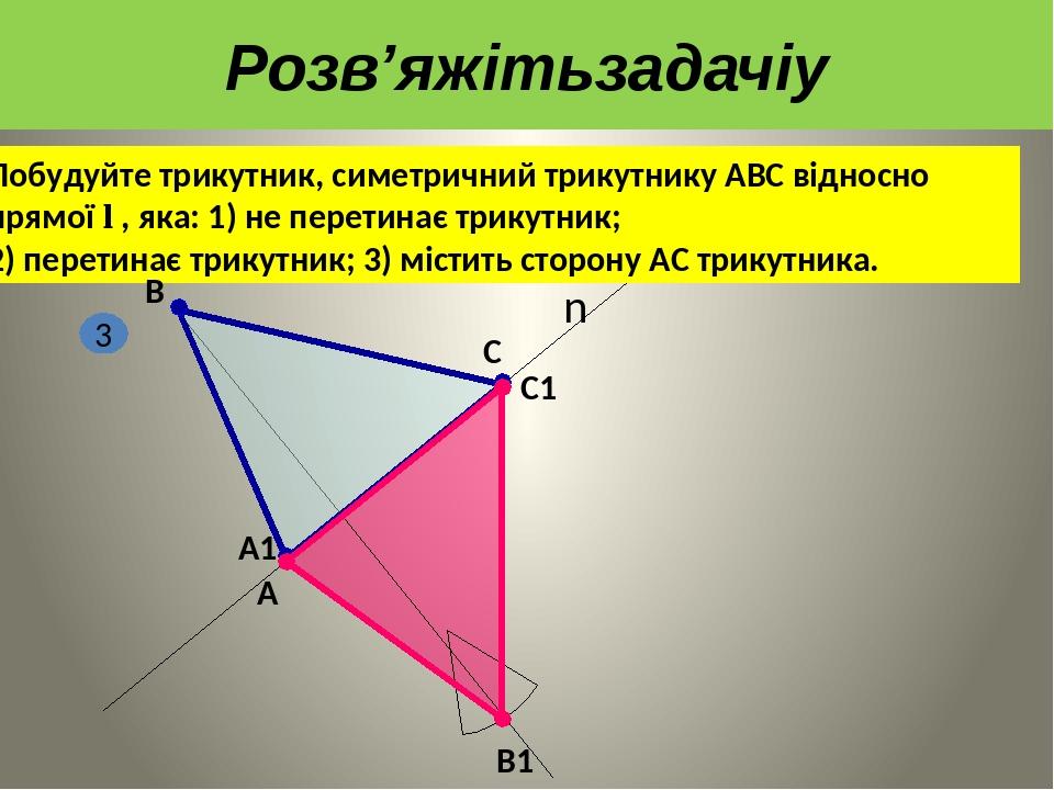 Побудуйте трикутник, симетричний трикутнику АВС відносно прямої l , яка: 1) не перетинає трикутник; 2) перетинає трикутник; 3) містить сторону АС т...