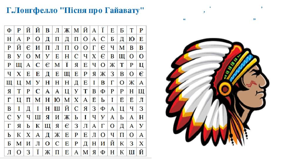 Завдання. Знайти слова, які пов’язані з поемою “Пісня про Гайавату”