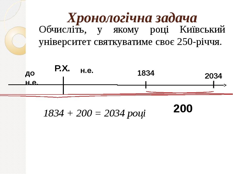 Хронологічна задача Обчисліть, у якому році Київський університет святкуватиме своє 250-річчя. 1834 + 200 = 2034 році н.е. до н.е. Р.Х. 2034 1834 200