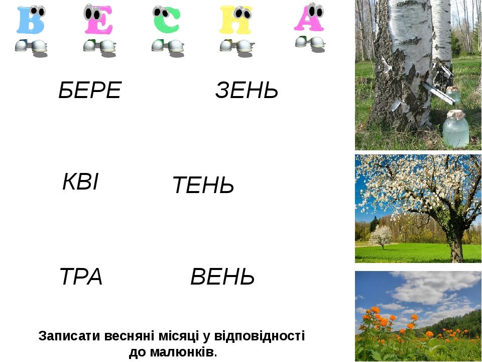 КВІ БЕРЕ ТРА ЗЕНЬ ТЕНЬ ВЕНЬ Записати весняні місяці у відповідності до малюнків.