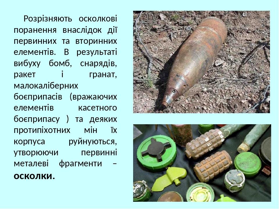 Розрізняють осколкові поранення внаслідок дії первинних та вторинних елементів. В результаті вибуху бомб, снарядів, ракет і гранат, малокаліберних ...