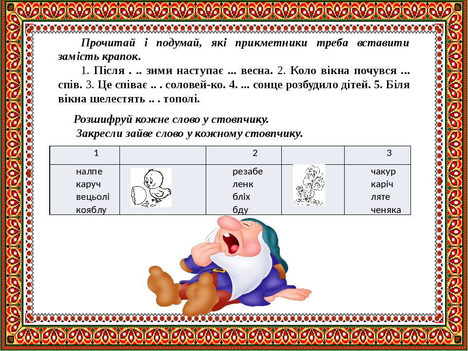 Прочитай і подумай, які прикметники треба вставити замість крапок. 1. Після . .. зими наступає ... весна. 2. Коло вікна почувся ... спів. 3. Це спі...