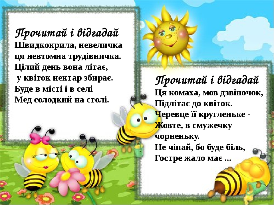 Прочитай і відгадай Ця комаха, мов дзвіночок, Підлітає до квіток. Черевце її кругленьке - Жовте, в смужечку чорненьку. Не чіпай, бо буде біль, Гост...