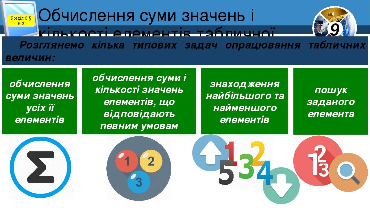 Обчислення суми значень і кількості елементів табличної величини Розділ 6 § 6.2 Розглянемо кілька типових задач опрацювання табличних величин: обчи...