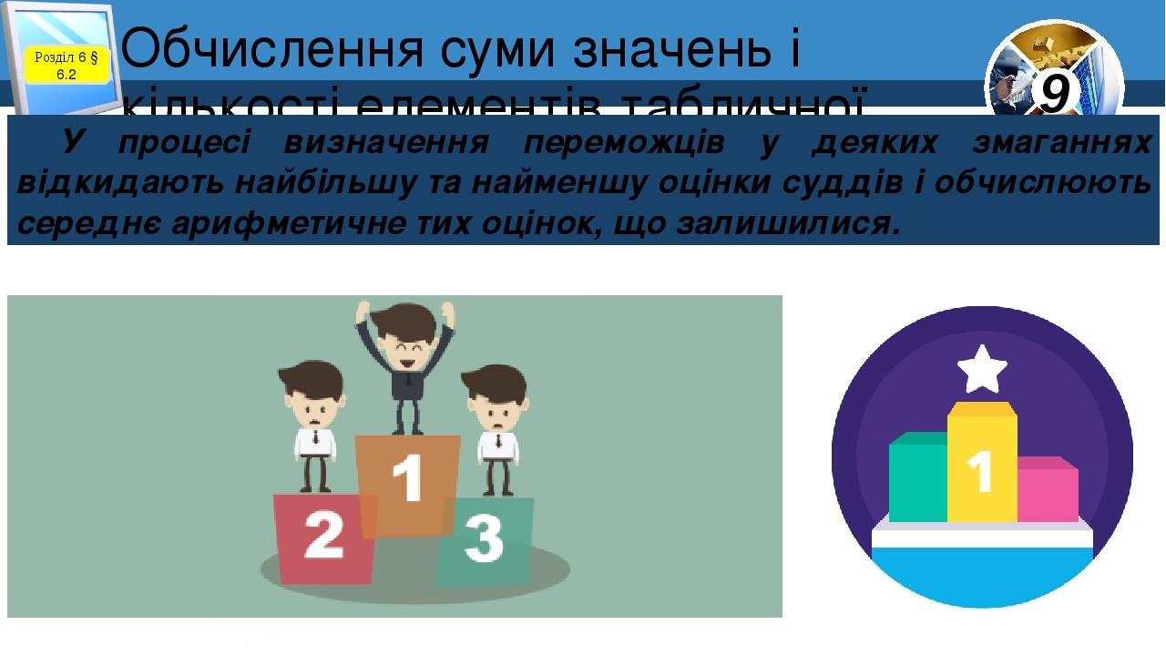 Обчислення суми значень і кількості елементів табличної величини Розділ 6 § 6.2 У процесі визначення переможців у деяких змаганнях відкидають найбі...