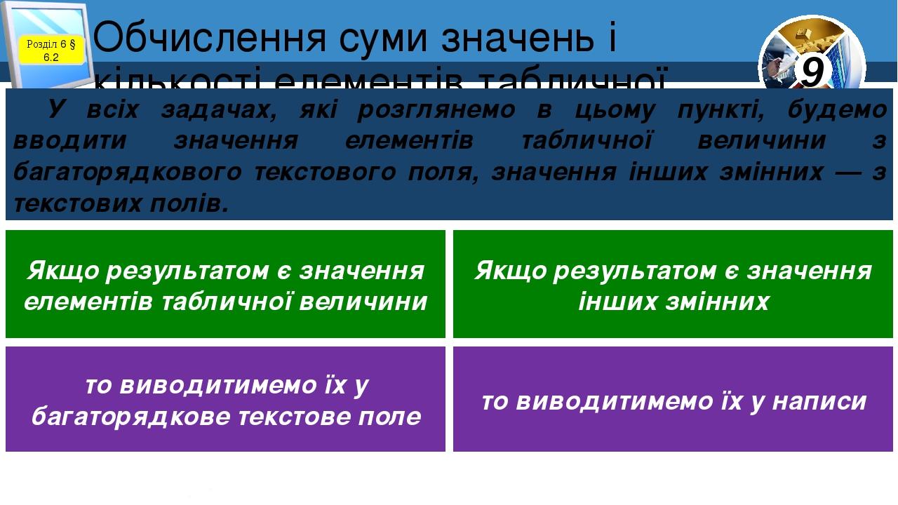 Обчислення суми значень і кількості елементів табличної величини Розділ 6 § 6.2 У всіх задачах, які розглянемо в цьому пункті, будемо вводити значе...