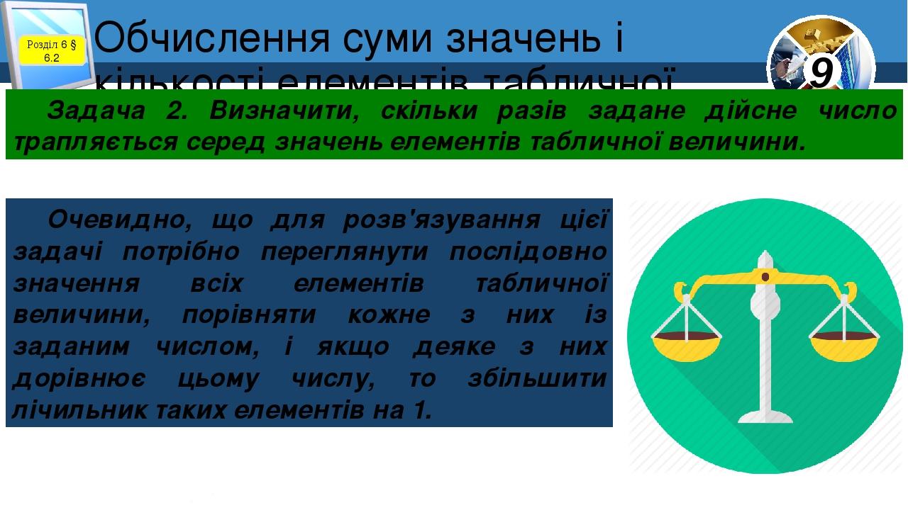 Обчислення суми значень і кількості елементів табличної величини Розділ 6 § 6.2 Задача 2. Визначити, скільки разів задане дійсне число трапляється ...