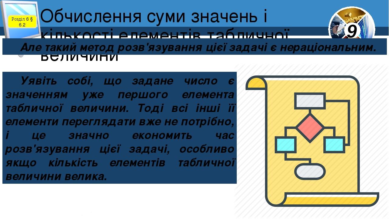 Обчислення суми значень і кількості елементів табличної величини Розділ 6 § 6.2 Але такий метод розв'язування цієї задачі є нераціональним. Уявіть ...