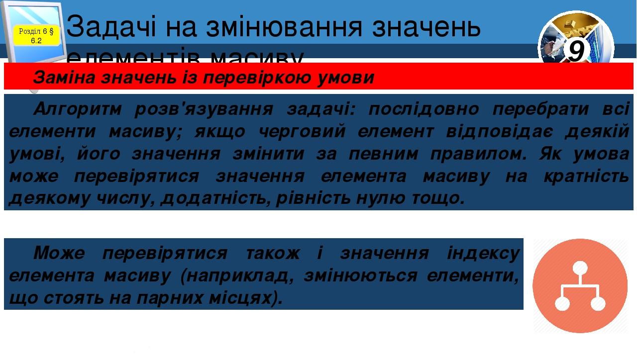 Задачі на змінювання значень елементів масиву Розділ 6 § 6.2 Заміна значень із перевіркою умови Алгоритм розв'язування задачі: послідовно перебрати...