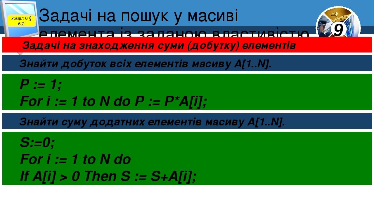 Задачі на пошук у масиві елемента із заданою властивістю Розділ 6 § 6.2 Задачі на знаходження суми (добутку) елементів Знайти добуток всіх елементі...