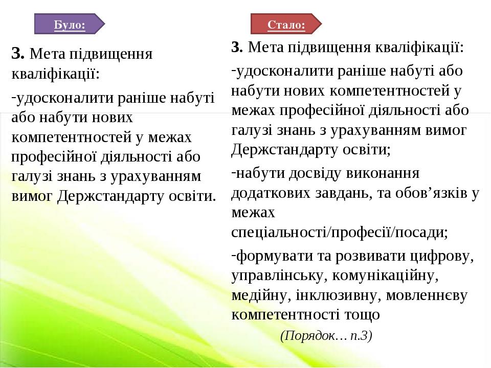 Було: Стало: 3. Мета підвищення кваліфікації: удосконалити раніше набуті або набути нових компетентностей у межах професійної діяльності або галузі...