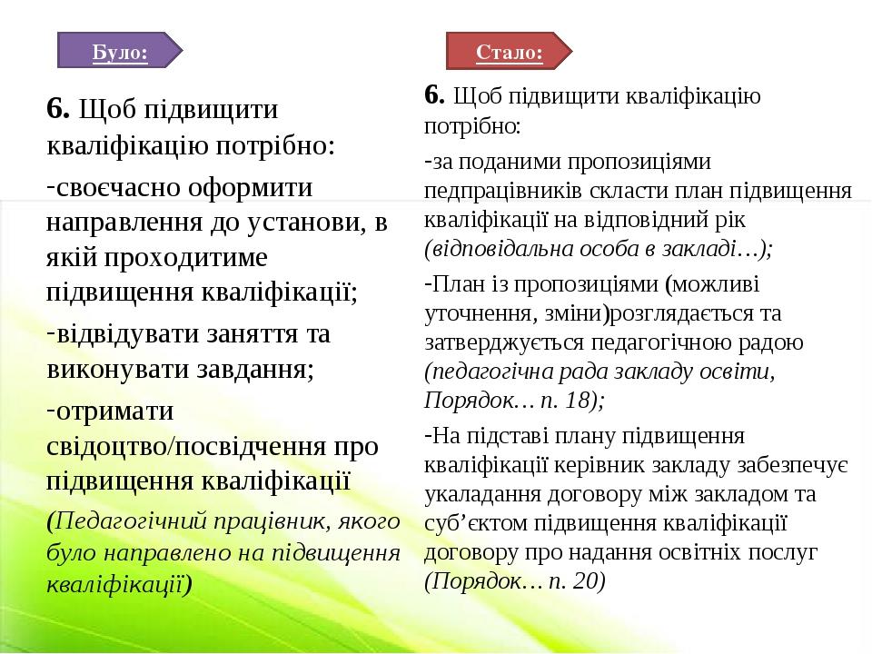 Було: Стало: 6. Щоб підвищити кваліфікацію потрібно: своєчасно оформити направлення до установи, в якій проходитиме підвищення кваліфікації; відвід...