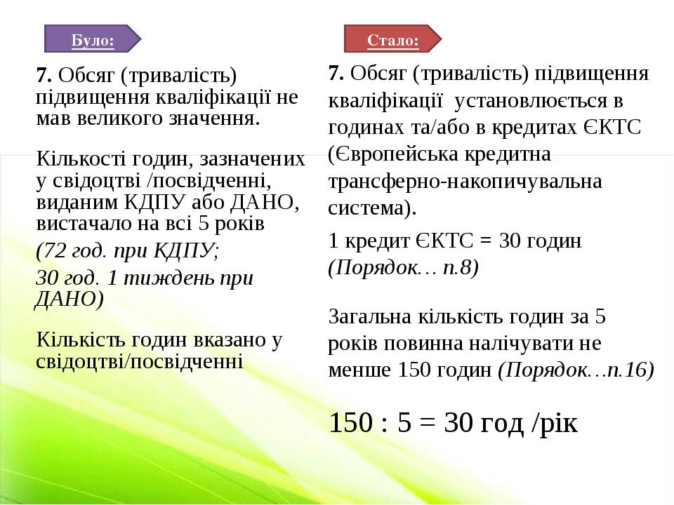 7. Обсяг (тривалість) підвищення кваліфікації не мав великого значення. Кількості годин, зазначених у свідоцтві /посвідченні, виданим КДПУ або ДАНО...