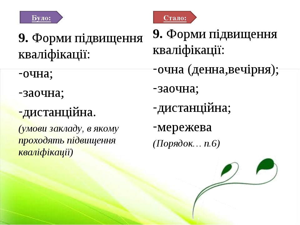 Було: Стало: 9. Форми підвищення кваліфікації: очна; заочна; дистанційна. (умови закладу, в якому проходять підвищення кваліфікації) 9. Форми підви...
