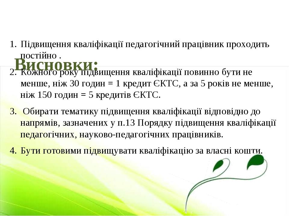 Висновки: Підвищення кваліфікації педагогічний працівник проходить постійно . Кожного року підвищення кваліфікації повинно бути не менше, ніж 30 го...