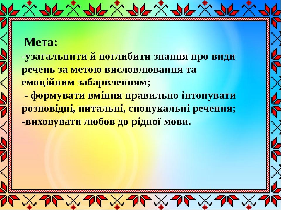  Мета: -узагальнити й поглибити знання про види речень за метою висловлювання та емоційним забарвленням; - формувати вміння правильно інтонувати ро...