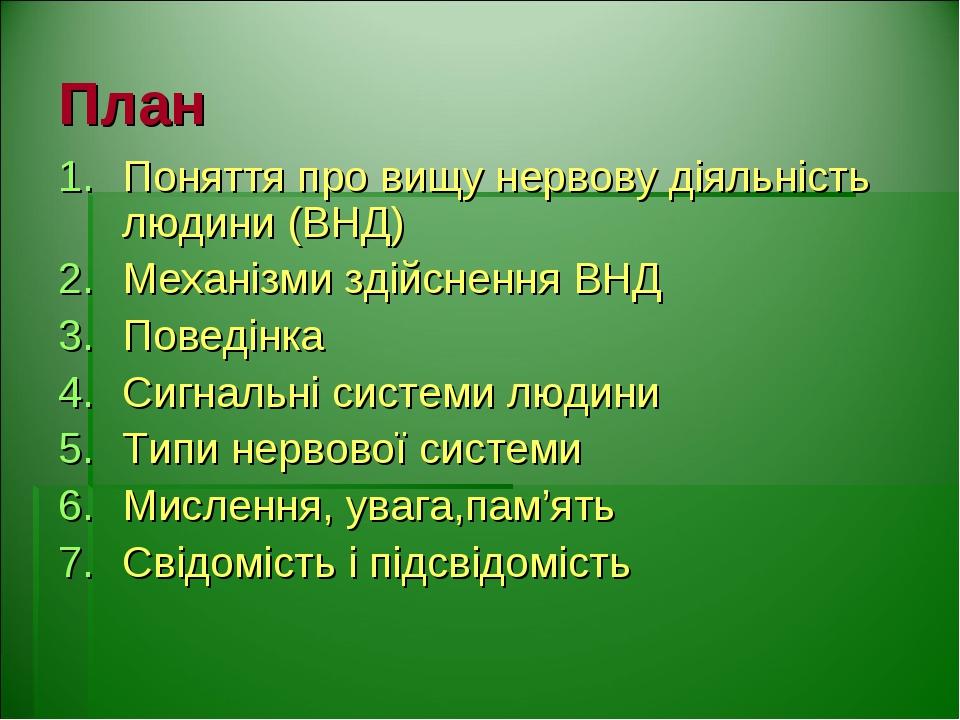 План Поняття про вищу нервову діяльність людини (ВНД) Механізми здійснення ВНД Поведінка Сигнальні системи людини Типи нервової системи Мислення, у...